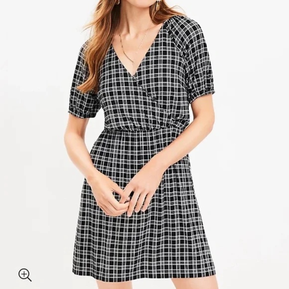 LOFT Black & White Plaid V-Neck Mini Dress